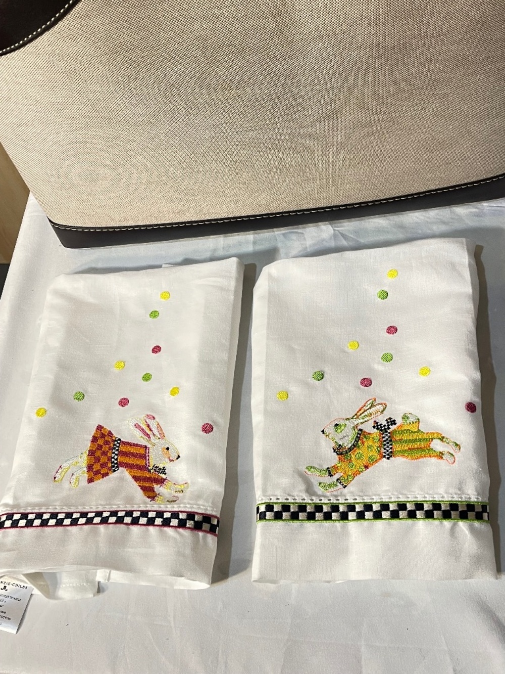 Mckenzie Childs Embroidered Bunny Kitchen Towels - White with Colorful Bunnies